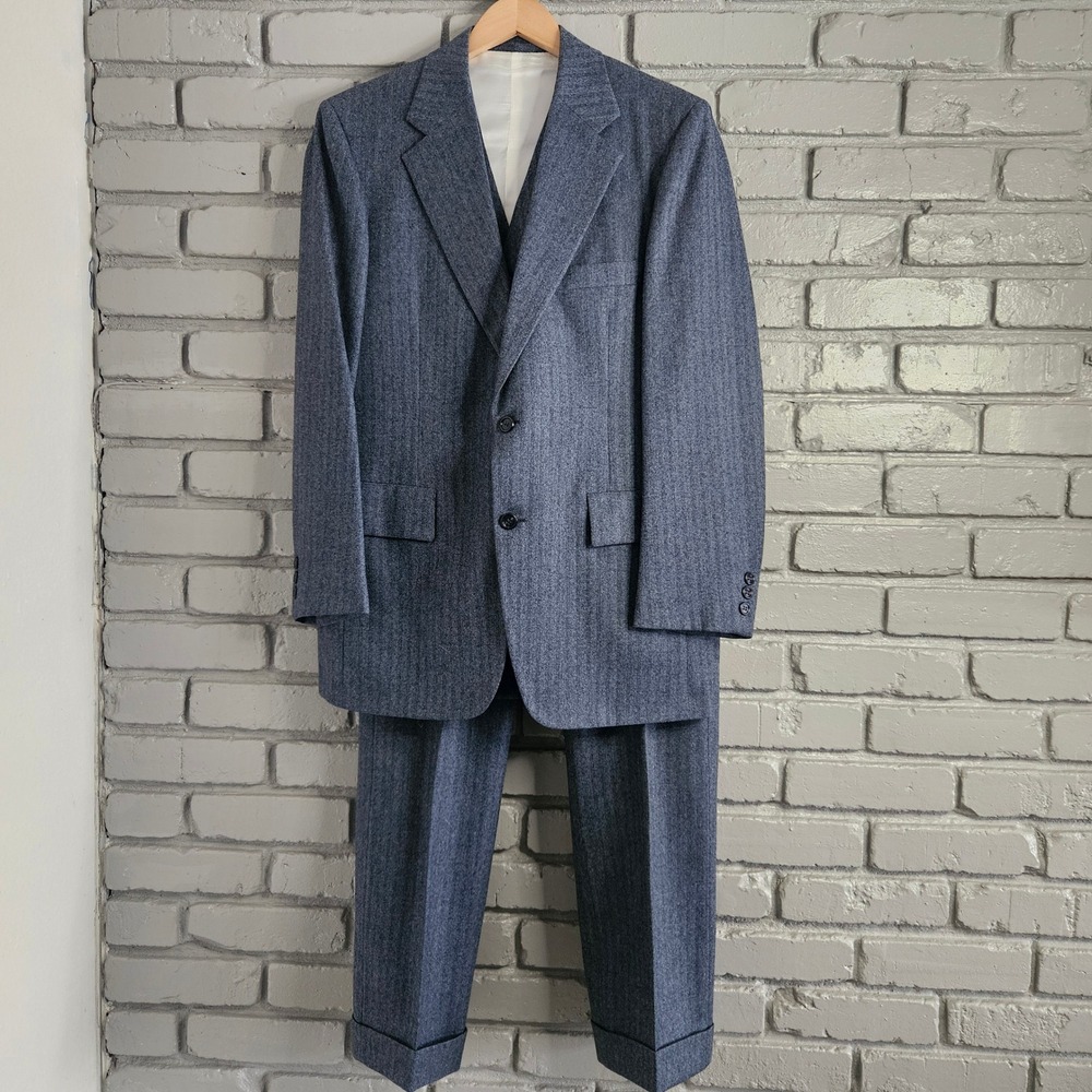 Oakloom Clothes Vintage Blue Herringbone Wool 3 Piece Suit‎ 60s 70s MCM 41R